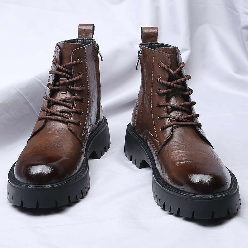 Leather Work Boots - أحذية رجالية عالية الرقبة بسحاب جانبي،