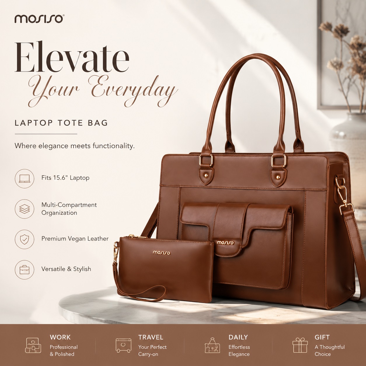 Leather Work Laptop Bag - حقيبة كمبيوتر محمول من MOSISO للنساء